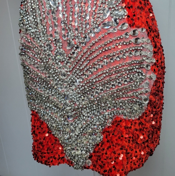 Silver Crystal Jeweled & Red Rhinestone Mesh Detail Formal Mini Dress Pageant S - Picture 6 of 15